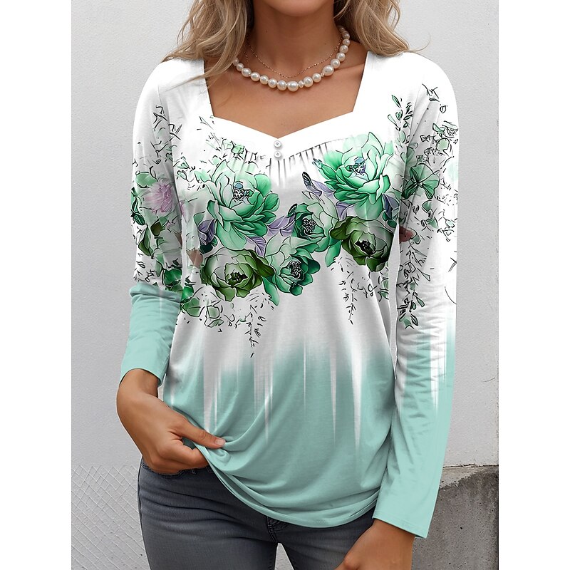 Women's T shirt Long Sleeve Floral Graphic Vintage Fashion Casual Long Sleeve Square Neck Regular Tops Daily Weekend Buttons Print Pink Blue Purple Green Spring Fall Prefall3