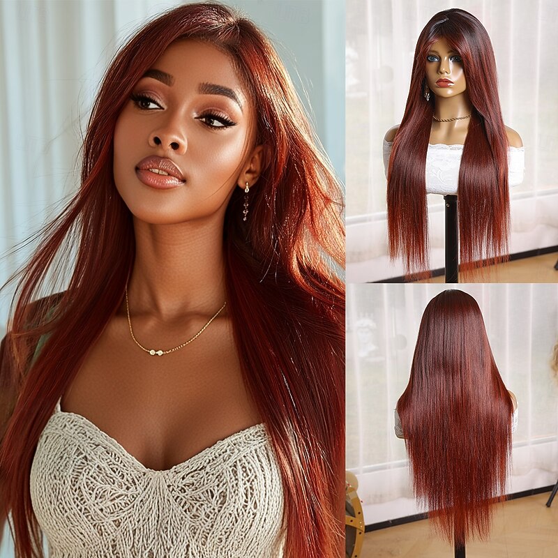 Synthetic Wig Yaki Straight Natural Straight Neat Bang Machine Made Wig 28 inch Dark Wine Synthetic Hair 28 inch Women's Soft Burgundy