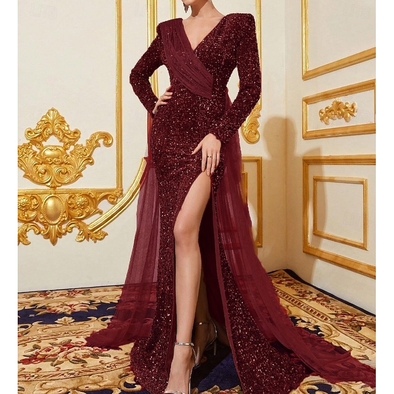 Mermaid / Trumpet Stretch Velvet Sequin Evening Gown Elegant Dress Formal Wedding Floor Length Long Sleeve V Neck Tulle with Slit 20254