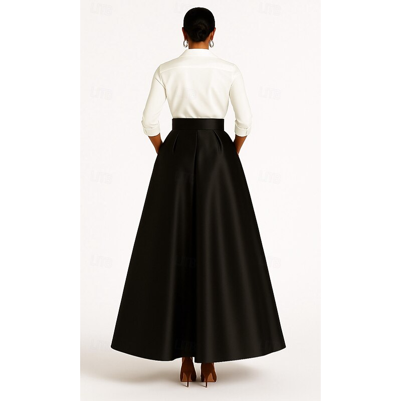 Black and White Mother of the Bride A-Line Evening Gown Elegant Dress Formal Wedding Floor Length 3/4 Length Sleeve Shirt Collar Stretch Satin with Pleats2