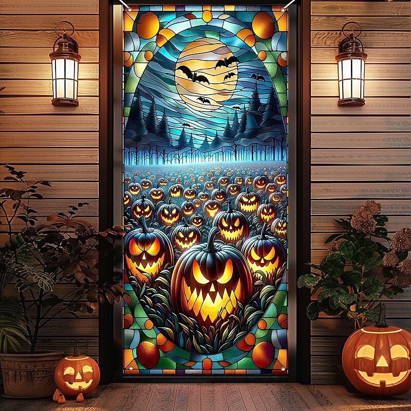 Halloween Door Cover Outdoor Banners Pumpkin Bat 3D Psychedelic Dark Punk Gothic Style Party Outdoor Shooting Backgrounds Front Door Wall Porch Home Decor4