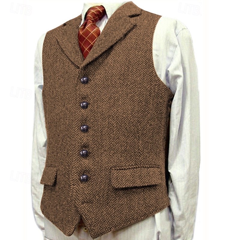 Men's Vest Waistcoat Gilet Vacation Party Business Fashion Casual Spring Fall Pocket Buttons Polyester Comfortable Plain Single Breasted One-button Lapel Regular Fit Black Green Khaki Light Grey Vest