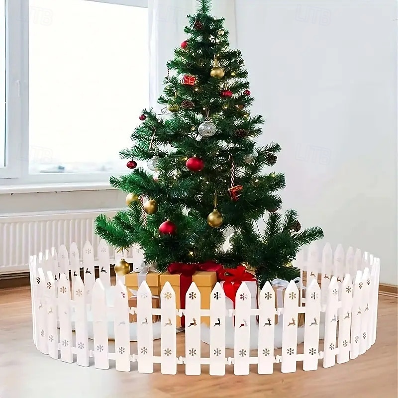 19/22/30/35/40pcs White Deer & Snowflake Christmas Tree Fence Decoration Easy Assembly Sturdy Plastic Picket Fence Posts for Indoor/Outdoor Holiday, Garden, Party Decor