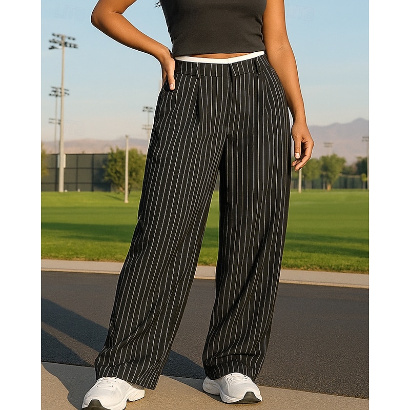 Women's Wide Leg Pants Casual Pants Pocket High Waist Bottoms Athleisure Gym Workout Fall Fashion Outdoor Travel Loose Fit Sportswear Activewear Stripes Black White Burgundy3