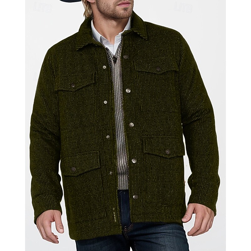 Men's Lightweight Jacket Corduroy Jacket Casual Jacket Vacation Daily Warm Pocket Fall Winter Plain Fashion Classic Lapel Regular Black Army Green Jacket3