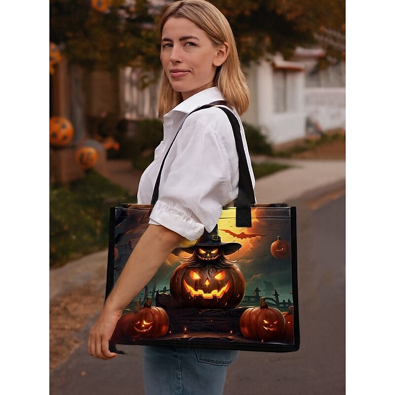 Women's Halloween Pumpkin & Haunted House Tote — Large Reusable Shopping Bag with Zipper Pocket & Sturdy Handles, Gothic Style for Trick-or-Treat, Costume Parties & Daily Use2
