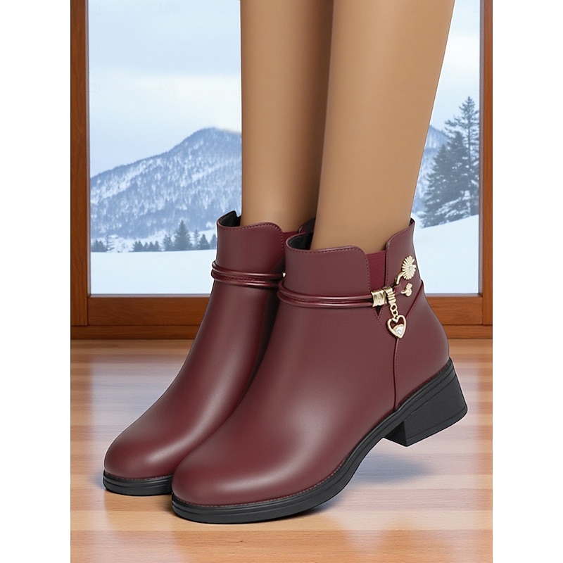 Women's Warm Fur-Lined Ankle Boots - Burgundy Low Heel Winter Booties with Gold Charm Details for Snow,Outdoor Travel and Cold Weather Commute3