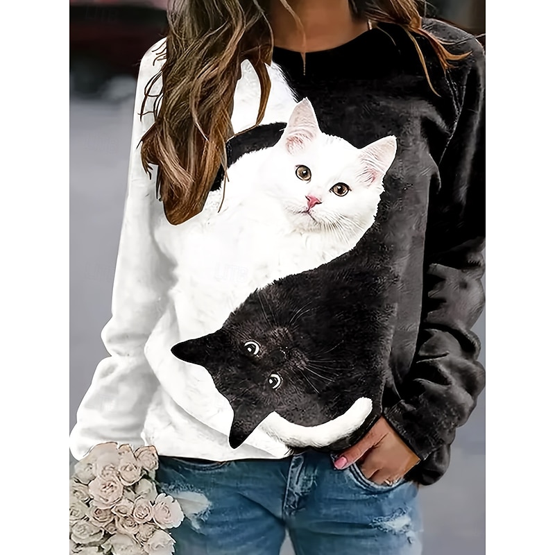 Women's T shirt Long Sleeve Graphic Animal Cat Vintage Stylish Classic Long Sleeve Crew Neck Round Neck Regular Tops Daily Print Black and White  Spring Fall Prefall