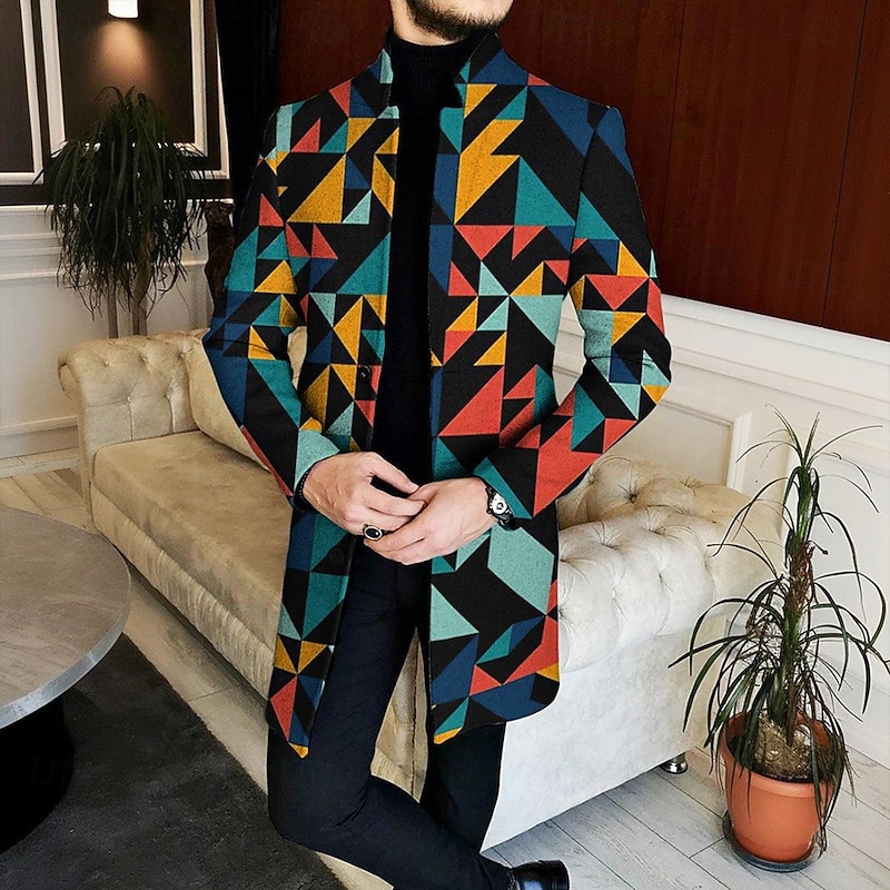Men Geometric Plaid Overcoat Coat Casual Business Casual Daily 3D Print Buttons Front Pocket Spring Fall Winter Notch Long Sleeve Black Blue Brown2