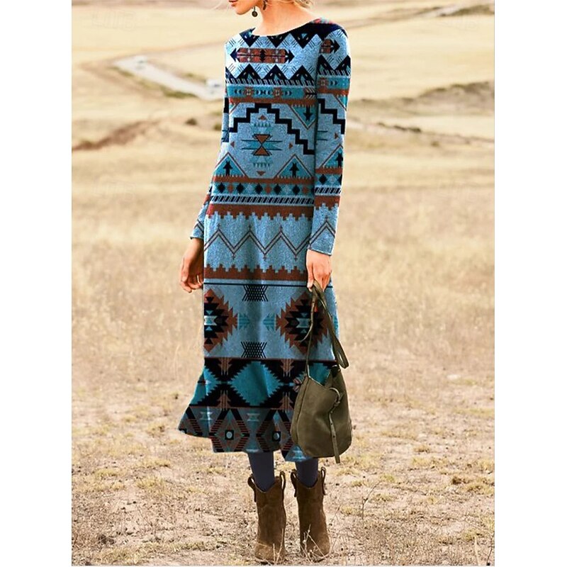 Women's Midi Dress Sheath Dress T Shirt Dress Tee Dress Vacation Casual Boho Daily Holiday Date Regular Fit Graphic Long Sleeve Crew Neck Blue Fall