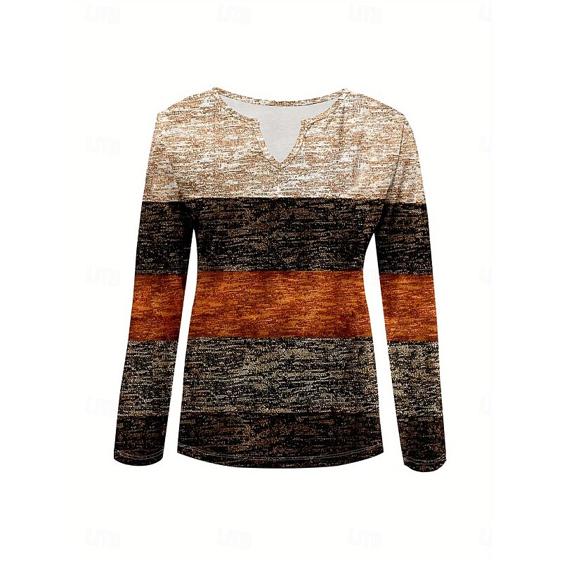 Women's T Shirt Graphic Geometric Striped Vintage Stylish Classic Long Sleeve V Neck Notched Neck Regular Tops Daily Weekend Print Brown Spring Fall Winter2