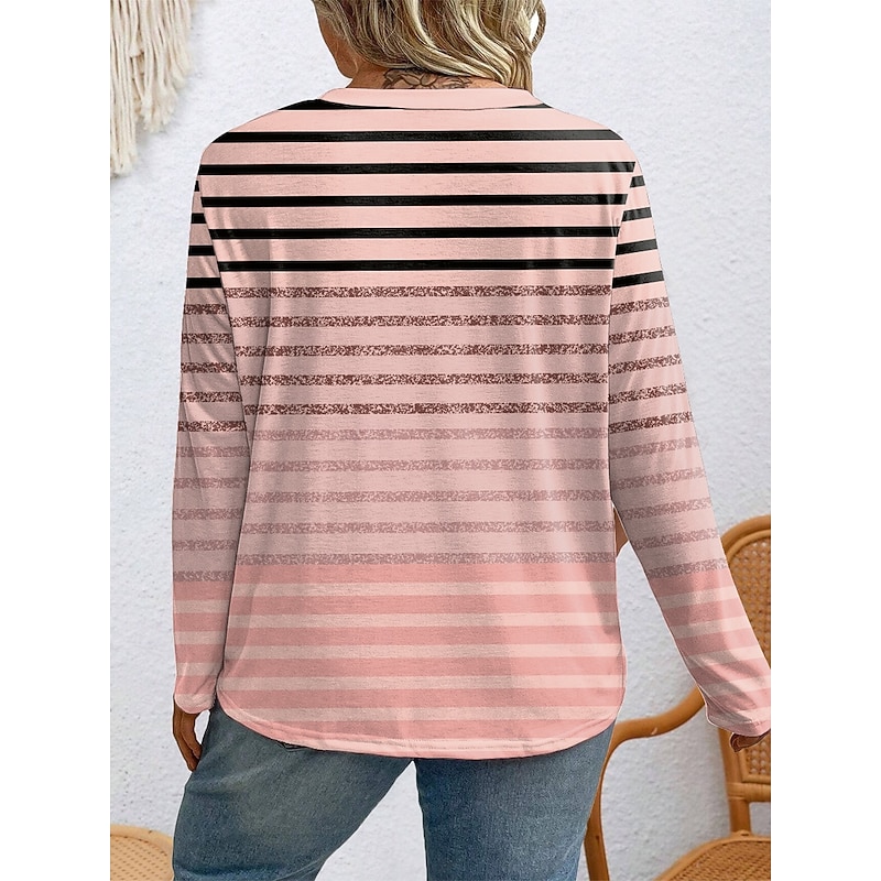 Women's Plus Size Tops T Shirt Graphic Striped Print Long Sleeve Crew Neck Casual Daily Polyester Fall Winter Yellow Pink2