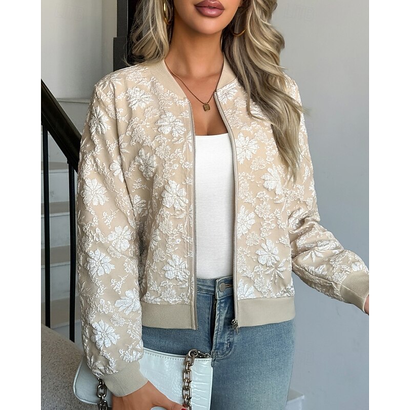 Women's Casual Jacket Comfortable Zipper Pocket Print Fashion Flower Holiday Going out Zipper Regular Crewneck Regular Fit Long Sleeve Outerwear Khaki Fall Winter