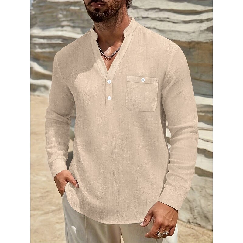 Men's Shirt Linen Shirt Viking Style Summer Shirt Beach Wear Solid Color Vacation Street Black White Navy Blue Blue Long Sleeve Henley Summer Spring Clothing Apparel Pocket3