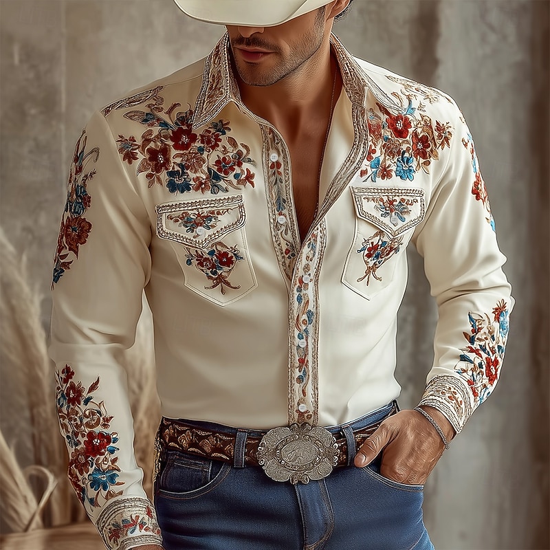 Men's 3D Print Floral Print Flowers Western Shirt Button Up Shirt Cowboy Shirt Long Sleeve Vintage Retro Outdoor Holiday Spring Fall Turndown Collared Shirts Front Two Pockets Pink Beige