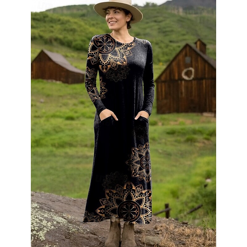 Women's Maxi Dress Sheath Dress T Shirt Dress Tee Dress Vacation Casual Boho Holiday Date Regular Fit Graphic Geometric Tribal Long Sleeve Crew Neck Black Yellow Red Light Brown Spring Fall3