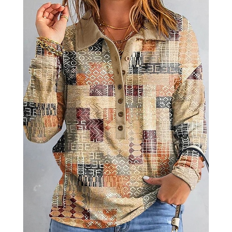 Women's Shirt Geometric Daily Stylish Basic Long Sleeve Shirt Collar Regular Tops Work Daily Holiday Buttons Print Pink Sky Blue Purple Green Khaki Spring Fall