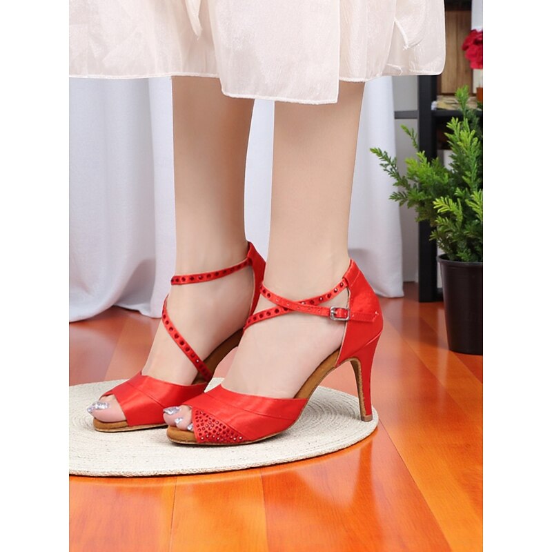 Women's Silver Satin Latin Dance Shoes - Rhinestone Open-Toe Heels with Ankle Straps for Professional Ballroom and Salsa Performances