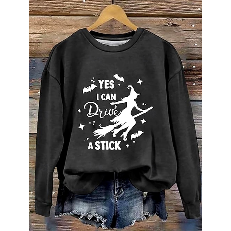 Halloween Women's Pullover Sweatshirt Witch Graphic Letter Fashion Casual Long Sleeve Crew Neck Regular Tops Street Dailywear Casual Print Black Orange Green Fall Winter
