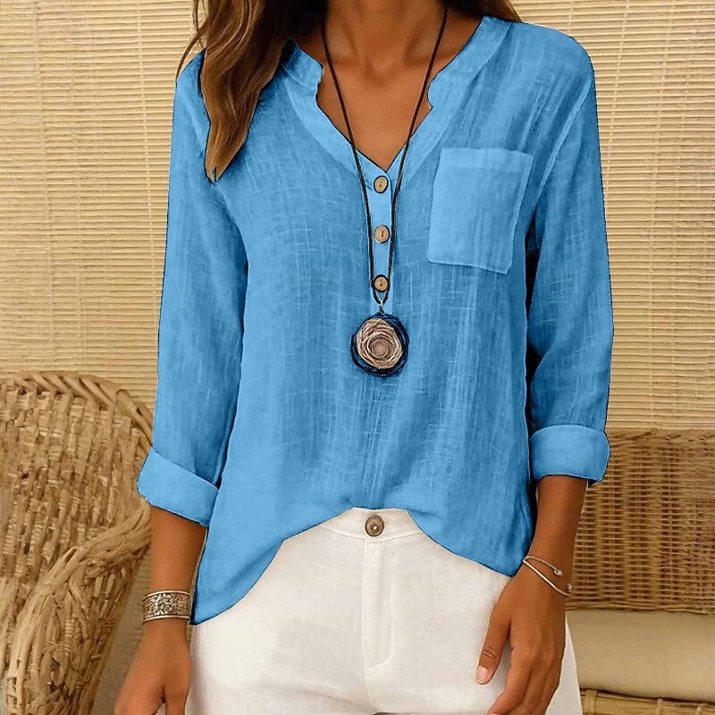 Women's Shirt Texture Blouse Blouse Plain Modern Casual Long Sleeve V Neck Regular Tops Daily Going out Pocket Buttons White Pink Red Blue Khaki Fall3