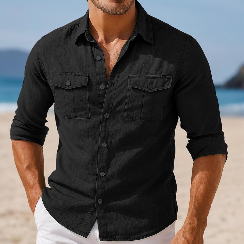 Men's Shirt Linen Shirt Plain Vacation Casual Black White Navy Blue Sky Blue Long Sleeve Lapel Summer Spring Clothing Apparel Multi Pocket