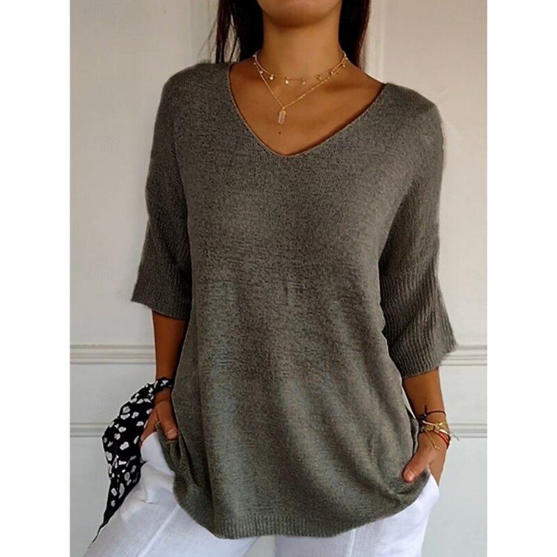 Women's Sweater Pullover Daily Stylish Casual Solid Color Ribbed V Neck Knitted 3/4 Length Sleeve Regular Tops Knit Outdoor Daily Yellow Army Green Summer Spring2