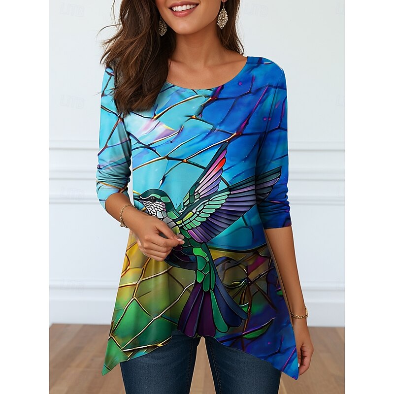 Women's T Shirt Graphic Geometric Vintage Stylish Casual Long Sleeve Crew Neck Long Tops Daily Print Asymmetrical White Blue Dusty Blue Gray Summer Spring3