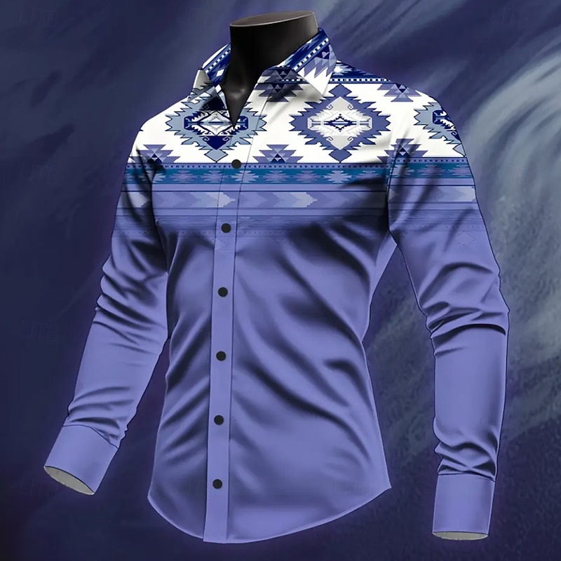Men's Aztec Ethnic Indian Culture Shirt Western Shirt Cowboy Shirt Long Sleeve Vintage Retro Outdoor Vacation Spring Fall Turndown 3D Print Linen Like Shirt Light Purple Purple Orange Green Dark Blue