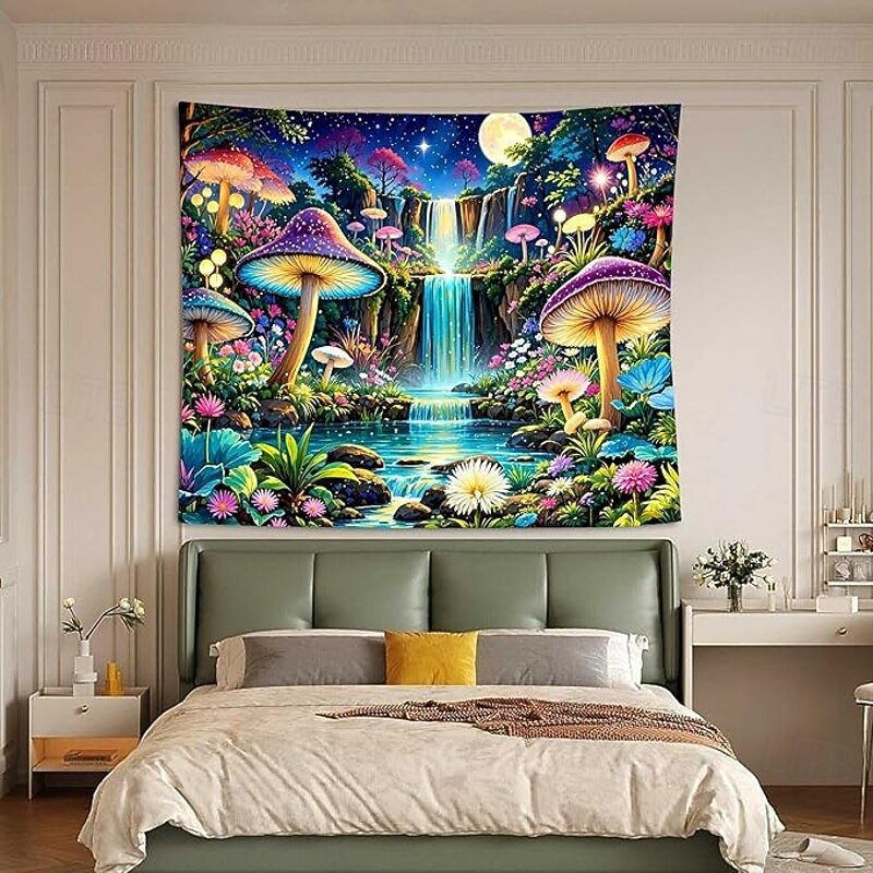 Glow in the Dark Mushroom Forest Tapestry – Psychedelic Blacklight Wall Hanging with Waterfall and Moon for Bedroom or Living Room Decor4
