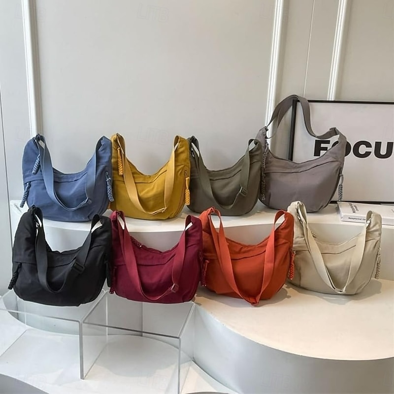 Women Fashion Plain Color Nylon Crossbody Hobo Bag Waterproof Lightweight Casual Shoulder Bag Stylish High Quality Durable Trendy Everyday Handbag
