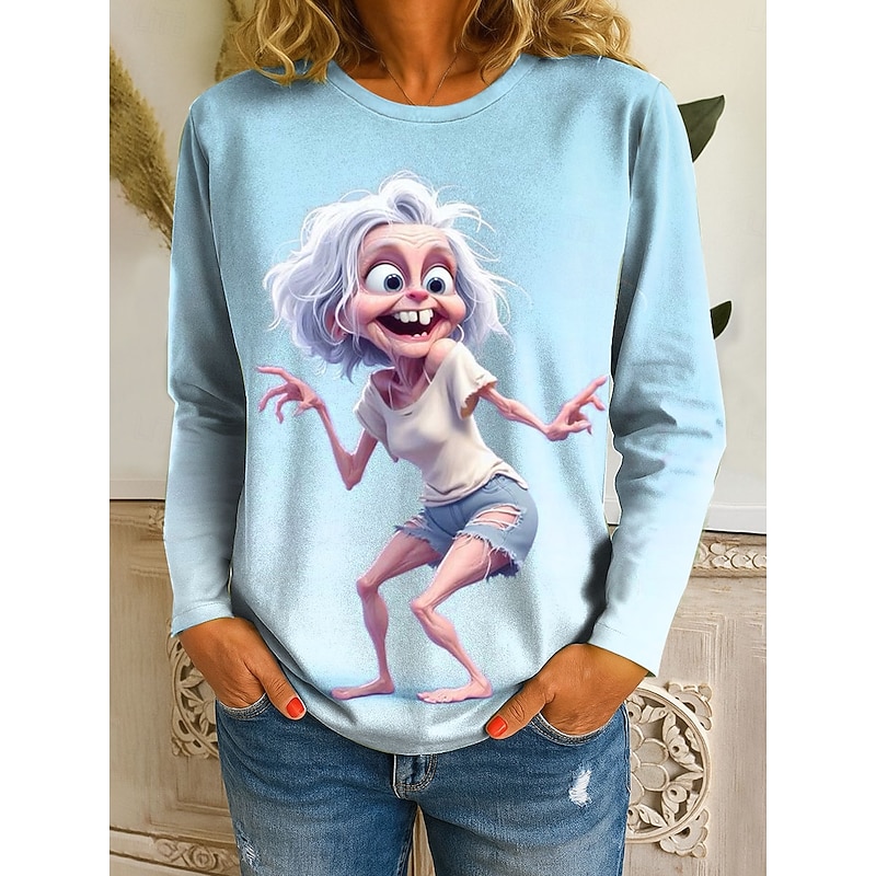 Women's T Shirt Graphic Cartoon Gradient Vintage Stylish Classic Long Sleeve Crew Neck Regular Tops Daily Print Pink Blue Purple Green Spring Fall Winter