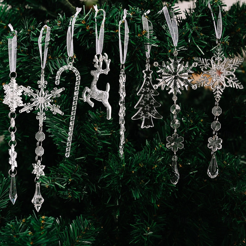 8pcs Christmas Tree Decoration Crystal Ornaments - Hanging Acrylic Christmas Snowflake Icicle Drop Crystal Ornaments for Xmas Tree Winter New Year Party Supplies