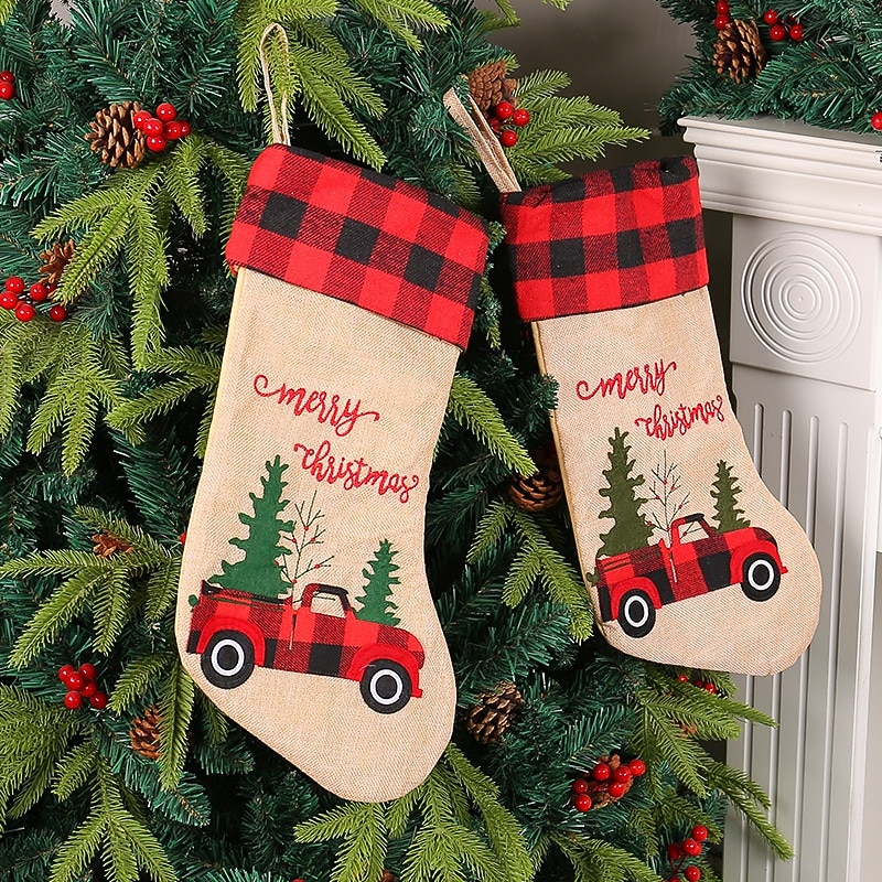 1 PC Christmas Stocking Red Black Plaid Car Christmas Tree Gift Bag Candy Sock Holiday Decoration for Home Fireplace Party Winter Festival Present Storage2