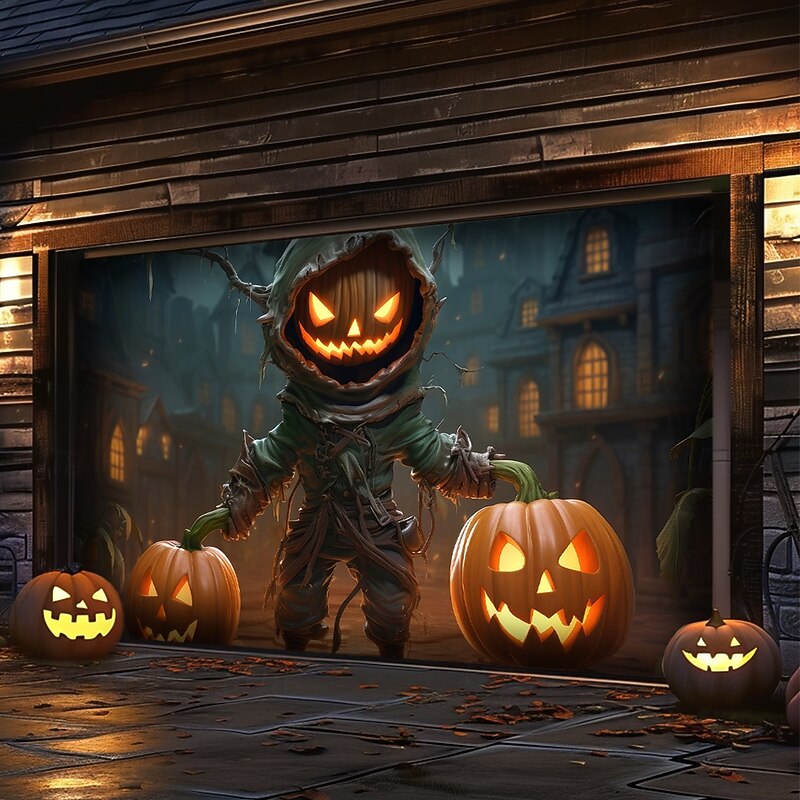 Halloween Tapestry Garage Door Cover Large Hanging Backdrop Pumpkin Scarecrow 3D Dark Punk Gothic Style Party Outdoor Shooting Backgrounds Front Door Home Decor3