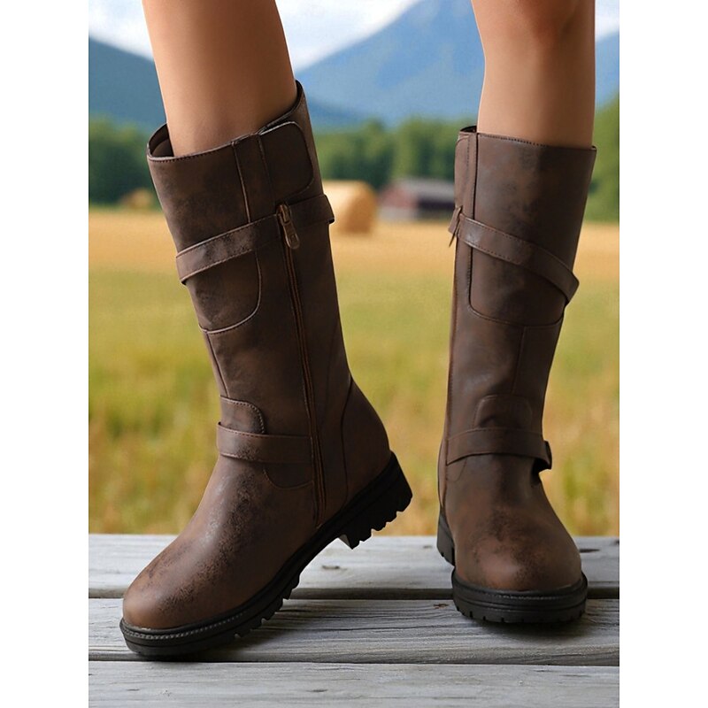 Women's Brown Mid-Calf Boots – Distressed Faux Leather, Dual Buckle Straps, Rugged Casual Outdoor Footwear4