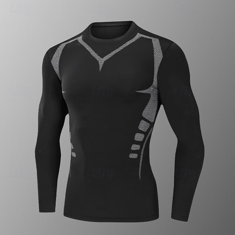 Men's Compression Shirt Fleece Base Layer Workout Tops Long Sleeve Top Athleisure Solid Colored Warm Basketball Running Yoga Sportswear Activewear black+dark grey Black Light Black