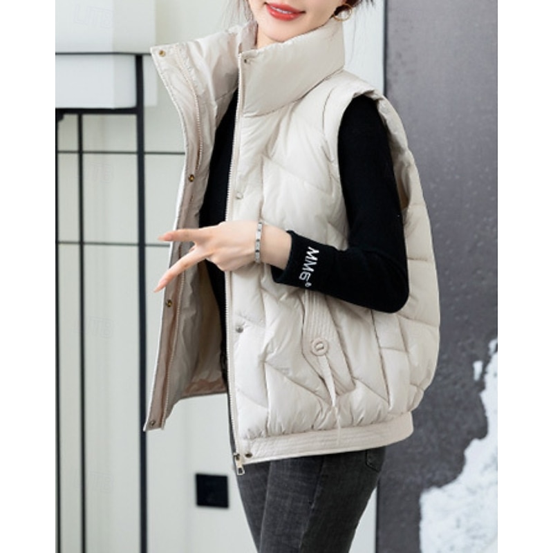 Women's Vest Warm Comfortable Zipper Pocket Casual Plain Outdoor Street Holiday Daily Wear Zipper Regular Stand Collar Regular Fit Sleeveless Outerwear Black Khaki Beige Winter