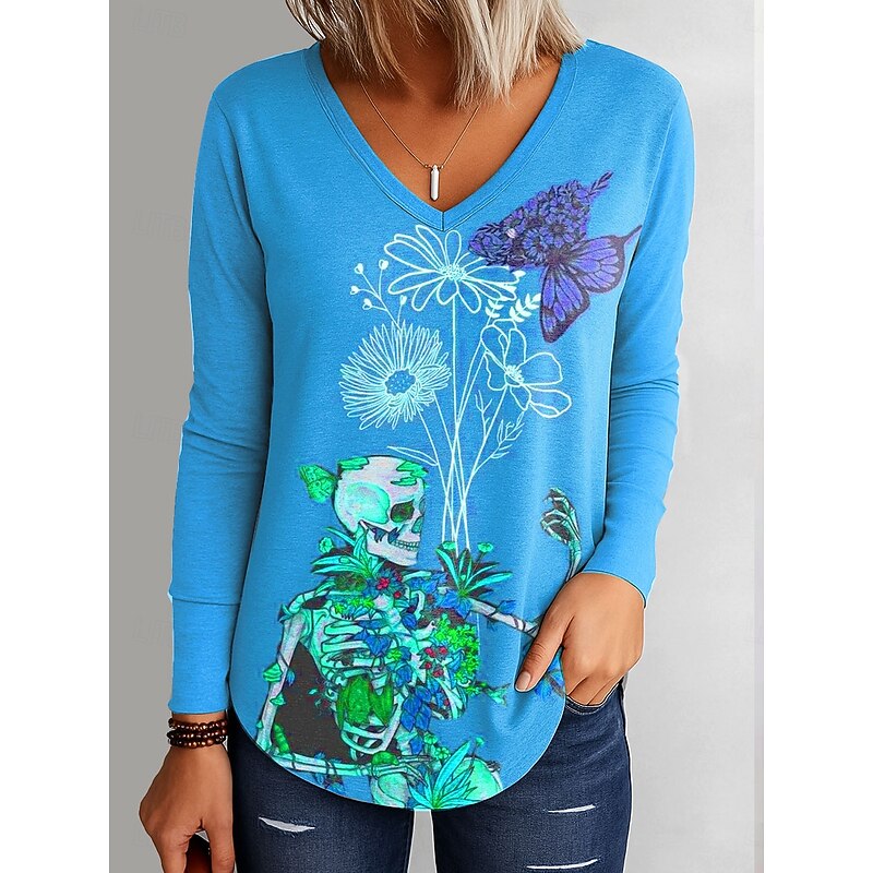 Halloween Women's T Shirt Skulls Graphic Elegant Vintage Stylish Long Sleeve V Neck Regular Tops Daily Going out Weekend Print Blue Purple Orange Green Spring Fall4