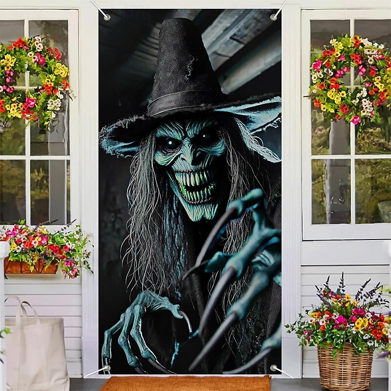 Halloween Tapestry Door Cover Outdoor Banners Witch Psychedelic Dark Punk Gothic Style Party Outdoor Shooting Backgrounds Front Door Wall Porch Home Decor2