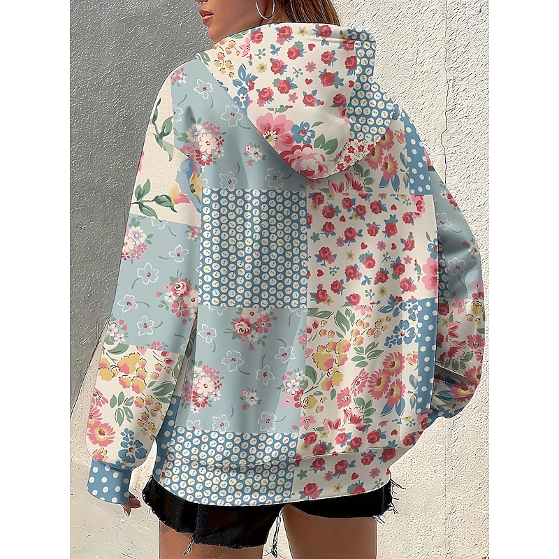 Women's 3D Print Vintage Boho Hoodie Patchwork Hoodie Sweatshirt Floral Zip Up Vintage Casual Long Sleeve Hooded Street Dailywear Patchwork Zipper Pocket Red Blue Orange Light Blue Spring Fall2