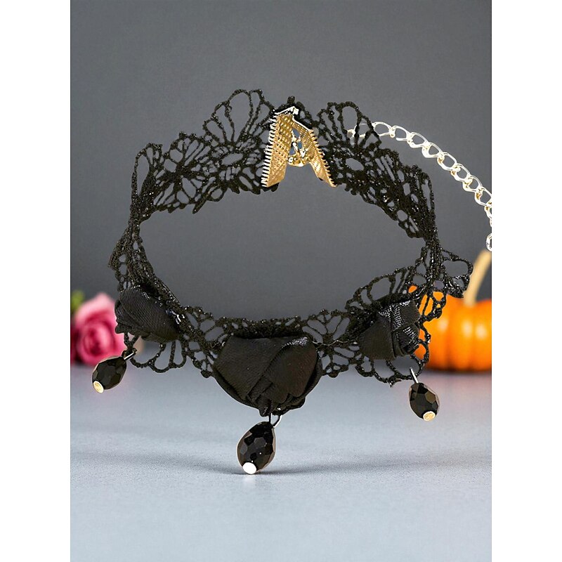 Women's Black Lace Rose Ankle Bracelet with Dangling Beads, Gothic Foot Jewelry for Halloween Parties2