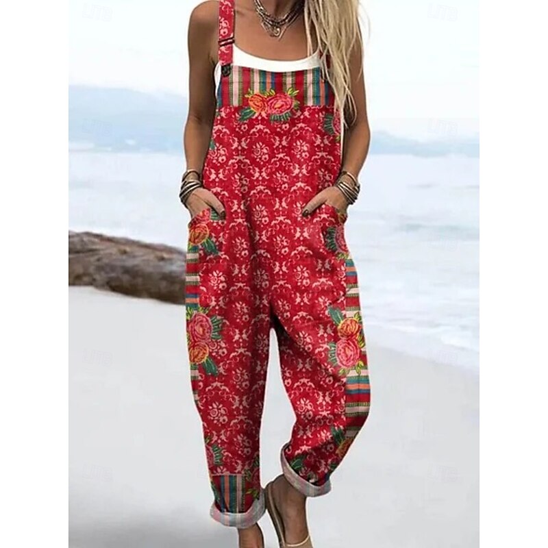 Women's Dungarees Active Floral Sleeveless Sleeveless Straight Square Neck Pocket with Pocket Vacation Daily Loose Fit Pink Red Beige Summer3