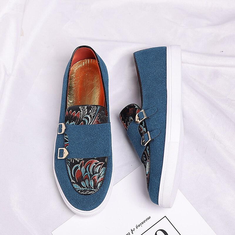 Men's Denim Double Monk Strap Loafers with Ethnic Print – Fashion Casual Slip-On Shoes for Urban Style, Parties and Spring Outfits4