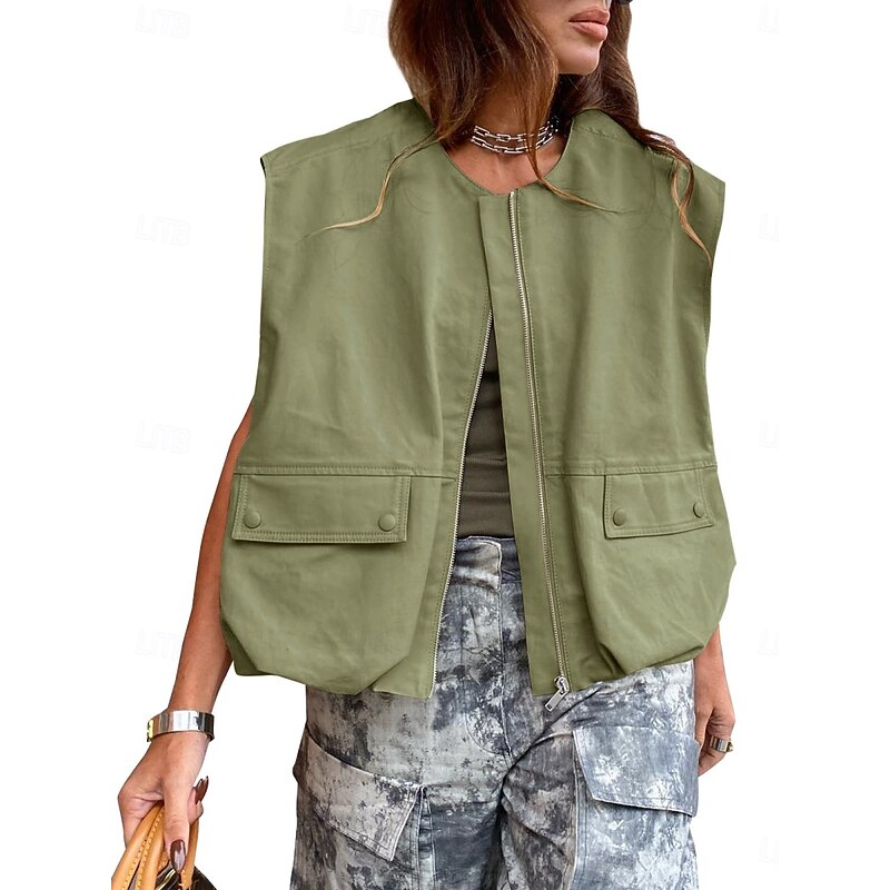 Women's Casual Jacket Comfortable Breathable Zipper Pocket Fashion Casual Solid Color Vacation Street Casual Daily Wear Zipper Short Stand Collar Regular Fit Sleeveless Outerwear Black White Khaki4
