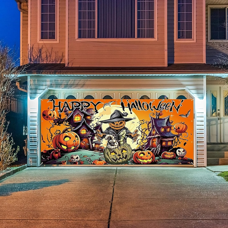 Halloween Garage Door Cover Large Hanging Backdrop Pumpkin Scarecrow Dark Punk Gothic Style Party Outdoor Shooting Backgrounds Yard Haunted House Home Decor