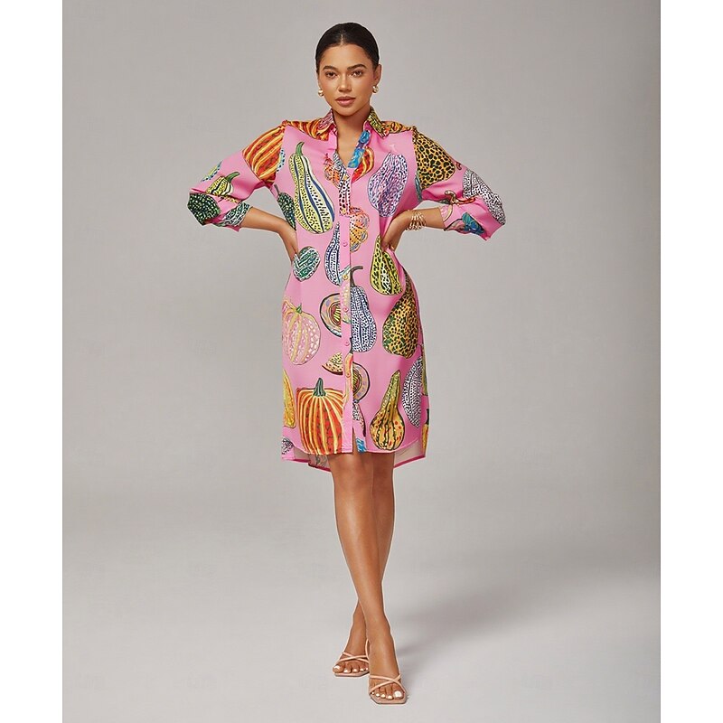 Women's Pumpkin Print Shirt Dress V Neck Loose Fit Asymmetrical Hem Split Design Bold Stylish Fashion Forward Daily Work Party Fall3