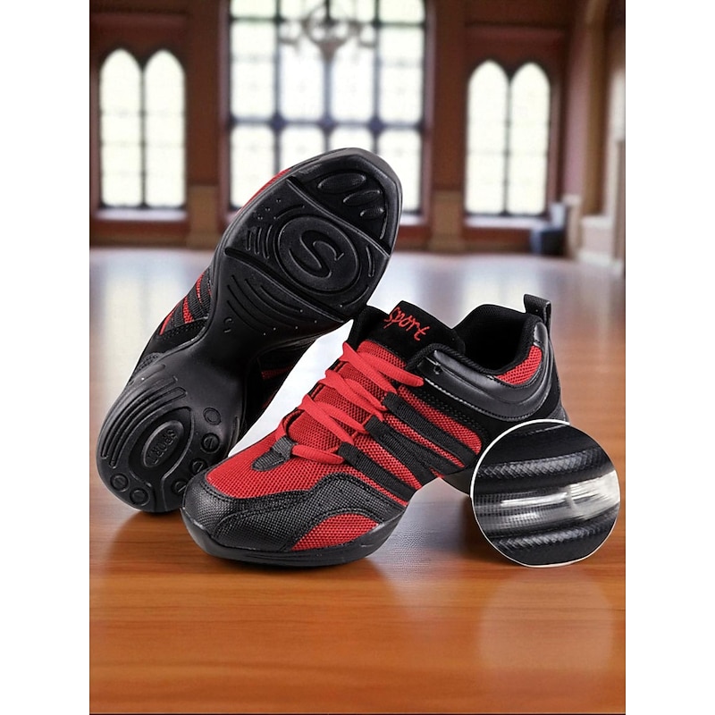 Women's Red and Black Mesh Jazz Dance Sneakers with Split Sole, Lightweight Breathable Design - Professional Practice Footwear for Hip Hop, Zumba, and Ballroom Training2