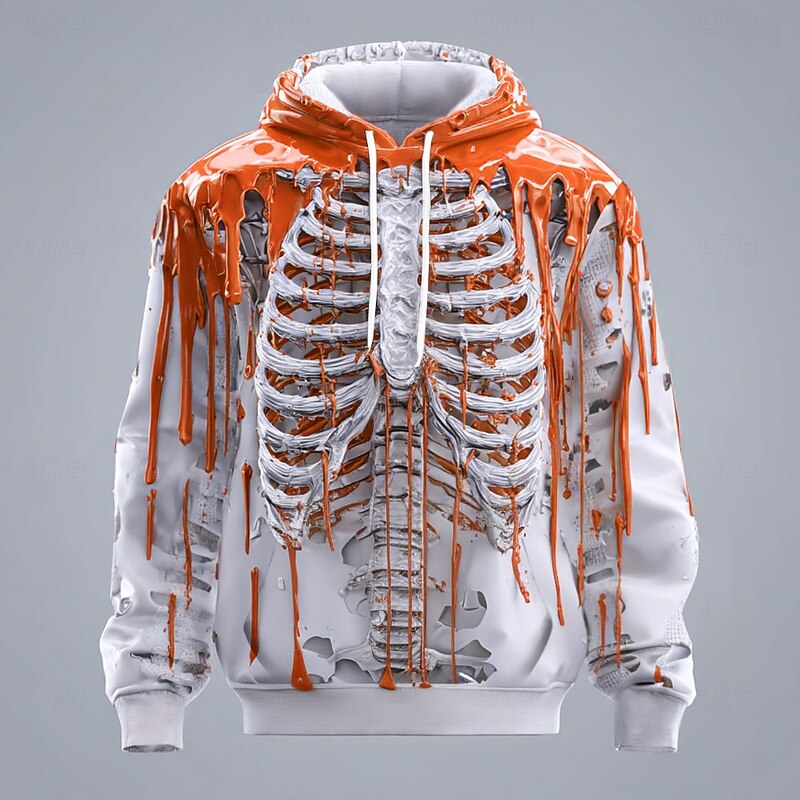 Halloween Men's 3D Skeleton Hoodie Sweatshirt Punk Exaggerated Crew Neck Club Streetwear Lake blue Red Drawstring Fall Winter Designer4