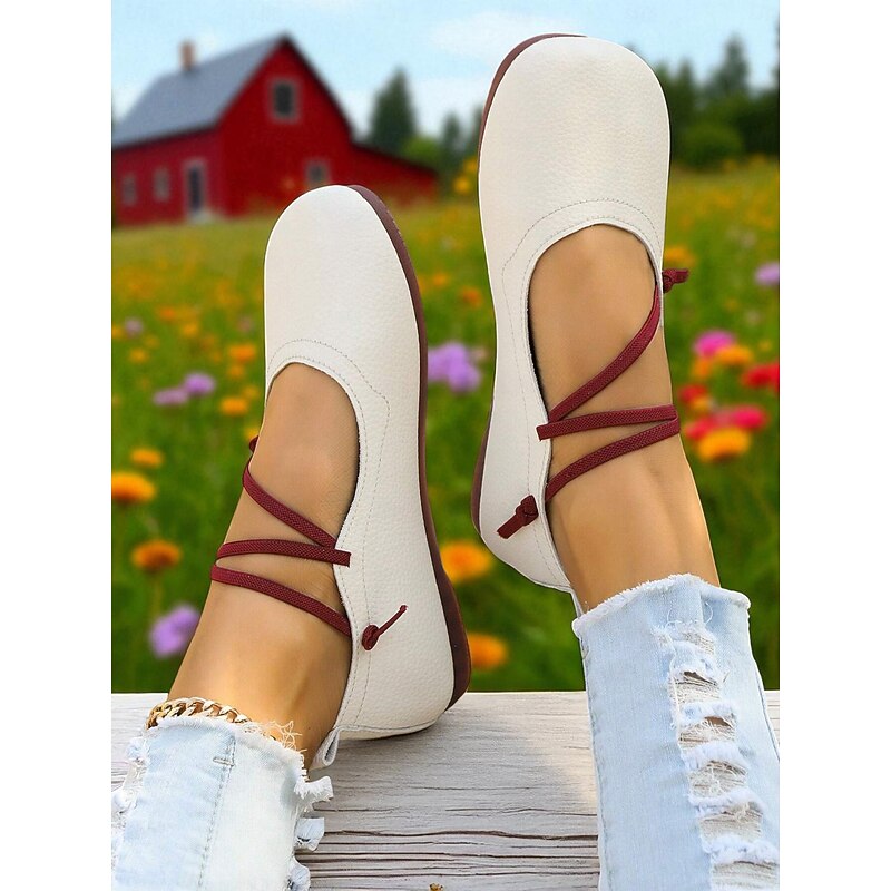 Women's White Ballet Flats with Red Crisscross Straps – Elegant Round-Toe Slip-On Shoes for Picnics, Garden Parties and Everyday Wear2