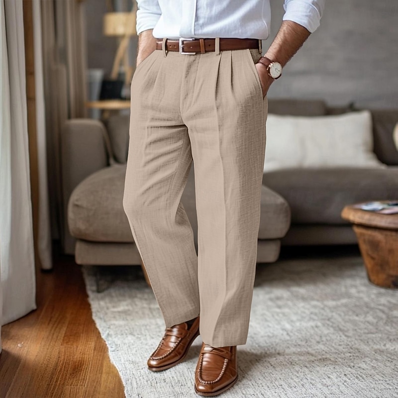 Men's Linen Pants Trousers Summer Pants Pleated Pants Front Pocket Straight Leg Plain Comfort Breathable Full Length Outdoor Casual Daily Vacation Fashion Black White Inelastic3